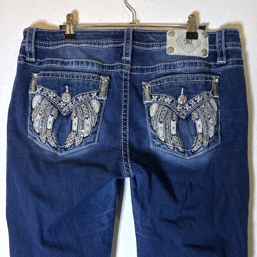 Miss Me Bootcut Jeans 32 Blue Y2K McBling Embellished Angel Wing Pocket Sparkle